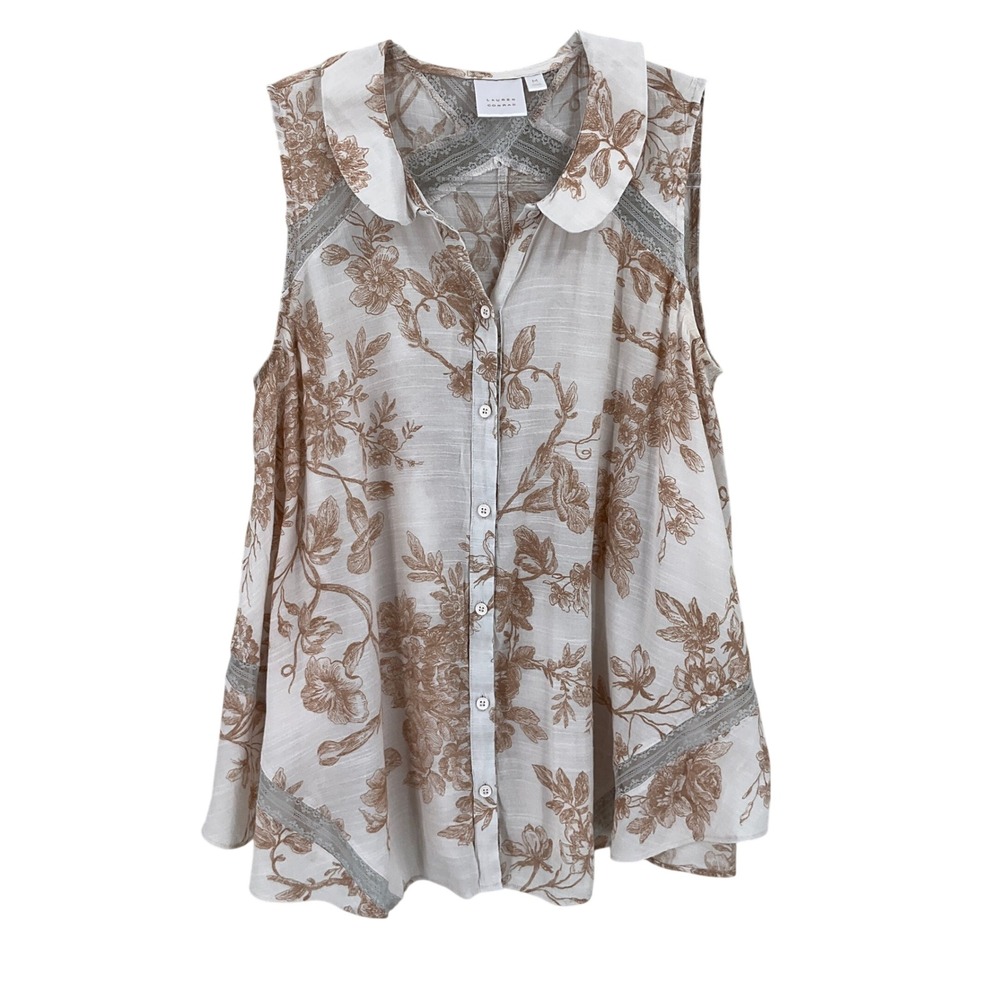 Lauren Conrad Floral Top Womens M Cream Tan Lace Trim Boho Sleeveless Romantic